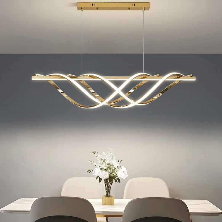 Linea modern Nordic chandelier in Black or Titanium Gold finish with sleek silhouette, dimmable LED lighting, and remote control — ideal for kitchens, dining rooms, or contemporary interiors.