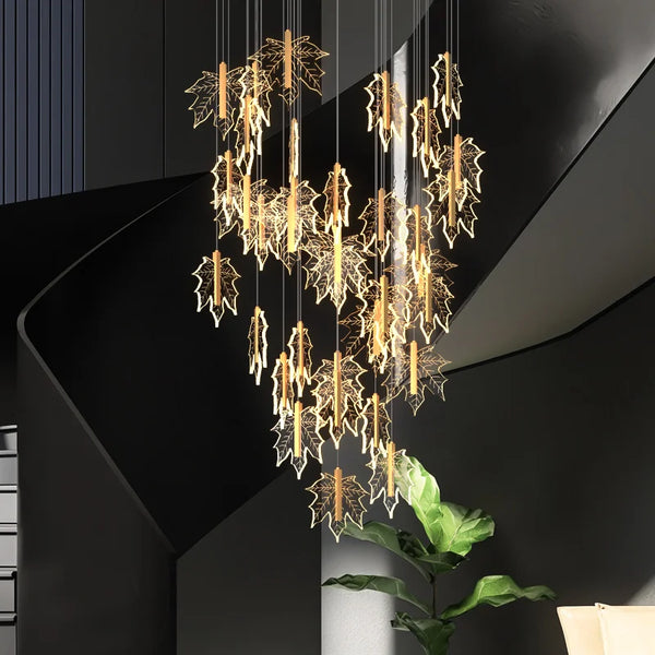 Contemporary Drummondii LED Staircase Chandelier by Lights of Scandinavia, inspired by the elegance of maple leaves, ideal for duplex building halls. Combines Nordic artistry with modern design and advanced LED technology to create an inviting ambiance.