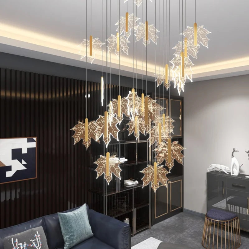 Contemporary Drummondii LED Staircase Chandelier by Lights of Scandinavia, inspired by the elegance of maple leaves, ideal for duplex building halls. Combines Nordic artistry with modern design and advanced LED technology to create an inviting ambiance.