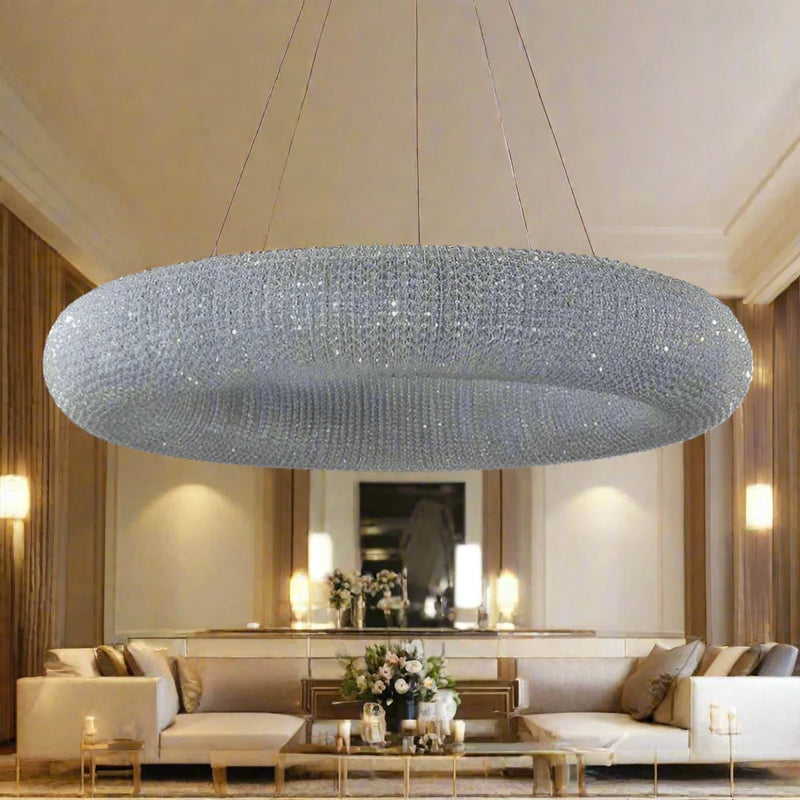 Ethereal Crystal Living Room Chandelier in silver and gold, featuring K9 crystal and metal. A modern and elegant design that enhances any space with stylish sophistication and a warm ambiance. Perfect for living rooms, hotels, and weddings.