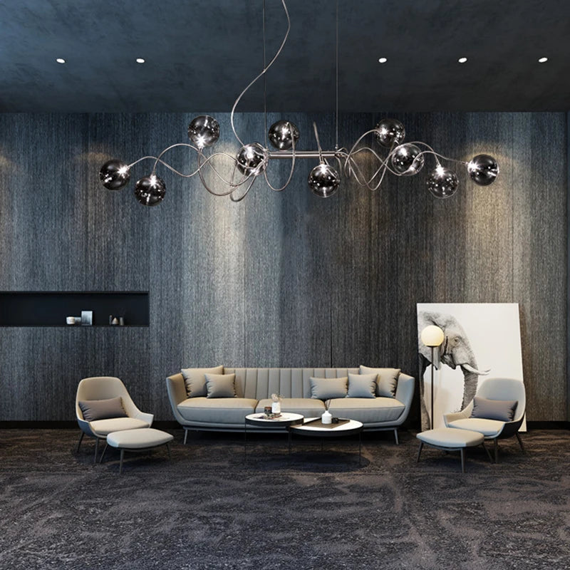 Atom LED Chandelier by Lights of Scandinavia - Nordic Elegance with Smoky Gray and Clear Glass Shades for Dining Room, Kitchen Island, Bar, and Coffee Shop Lighting