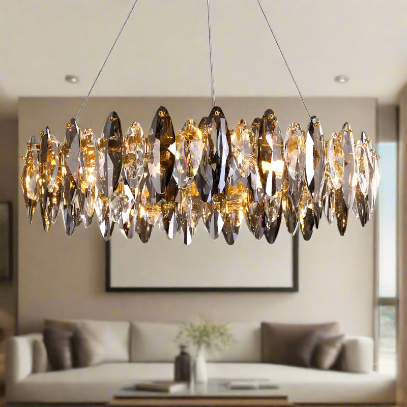 Serenity Crystal Chandelier with premium K9 crystals, semi-flush mount design, modern elegance, and soft ambient lighting for living room, dining area, or entryway. Features sparkling crystal accents and a sleek metal finish.