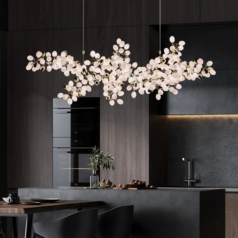 Lights of Scandinavia - Zygote High-quality white glass cluster chandelier. Organic-inspired design paired with luxury materials. Perfect for dining rooms, living areas, entrance halls, hotel areas, restaurants, etc.  White glass clusters with base frame in French gold color or Raw copper.