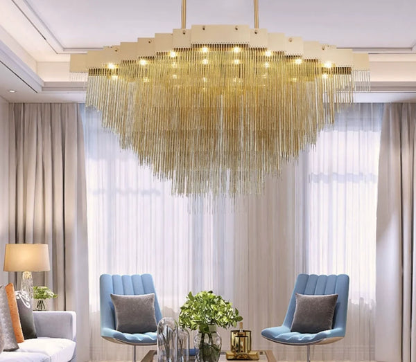 Tessaro modern luxury chandelier with Italian designer chain tassels in black and gold finish for living room or hotel interiors