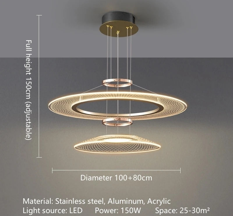 Dröme modern LED chandelier with sculptural acrylic rings and soft ambient glow, Nordic-style ceiling light ideal for living rooms, bedrooms, stairwells, and hotel lobbies.