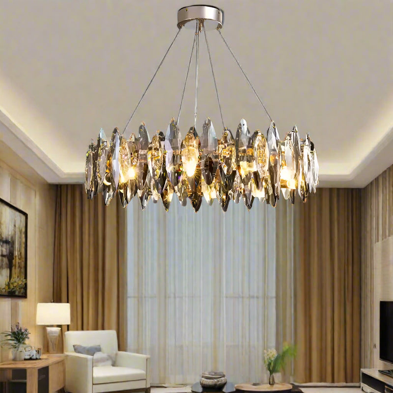 Serenity Crystal Chandelier with premium K9 crystals, semi-flush mount design, modern elegance, and soft ambient lighting for living room, dining area, or entryway. Features sparkling crystal accents and a sleek metal finish.