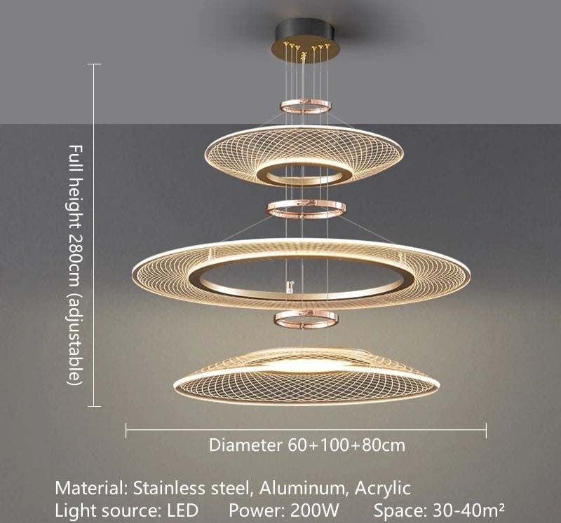 Dröme modern LED chandelier with sculptural acrylic rings and soft ambient glow, Nordic-style ceiling light ideal for living rooms, bedrooms, stairwells, and hotel lobbies.