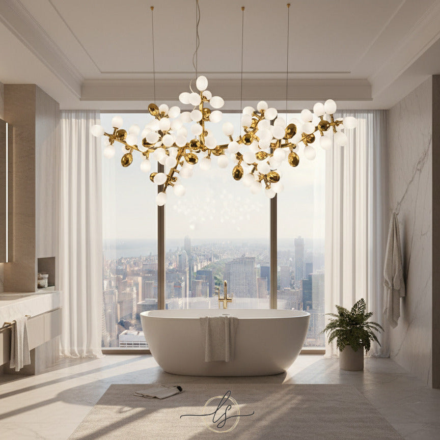 Zygote chandelier with white glass clusters and French Gold or Raw Copper frame installed in a luxury bathroom, modern LED statement lighting for upscale interiors.