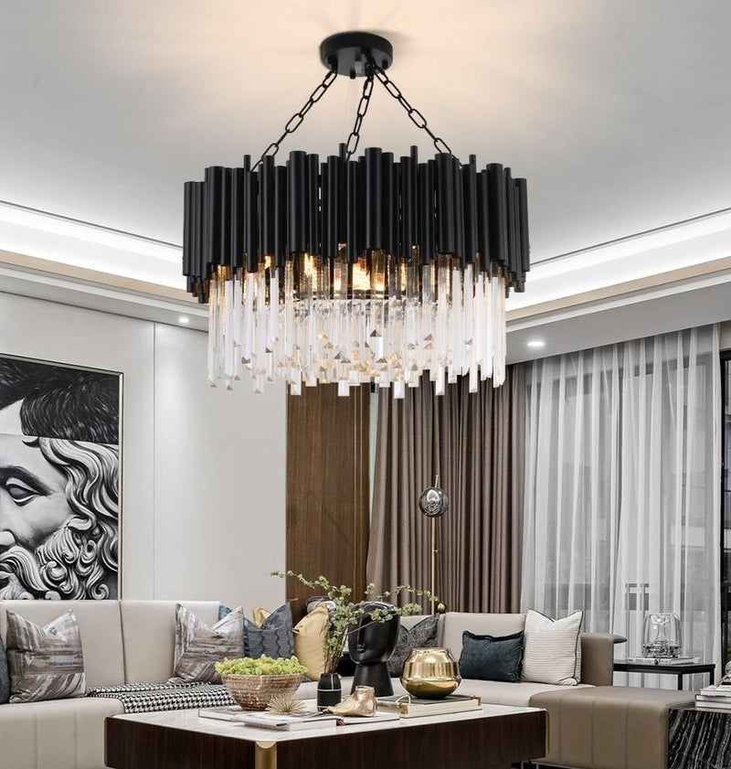 Grand luxurious crystal chandelier. Round black framework combined with luxury K9 crystals and modern LED light sources. A modern heart encapsulated in classic design. Perfect for refining dining rooms, living areas, hallways, entrance halls, etc. 4 sizes - 45-100cm Two emitting colors - Warm light(3000K), Cool light(6000K) Black modern chandelier lighting for living room luxury round crystal lamp home decoration chain led cristal light fixtures